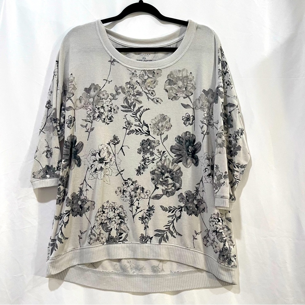 Sonoma Light Grey Rose Floral 3/4 Sleeve Sweater Sz XL